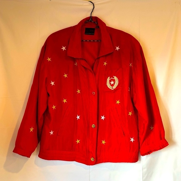 Mureli Jackets & Blazers - Vintage Mureli Red Silk Ladies Windbreaker w/Stars - Ladies Small but Fits Med